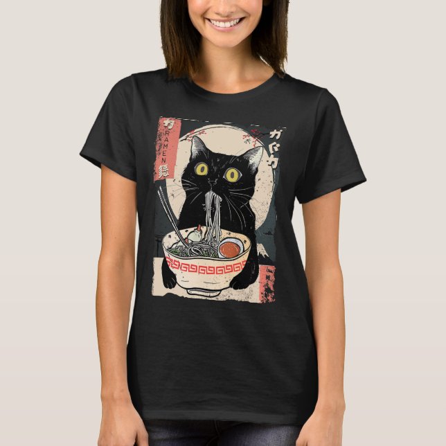 Kawaii Cat Eating Ramen Noodles Funny Anime Gift G T-Shirt (Front)