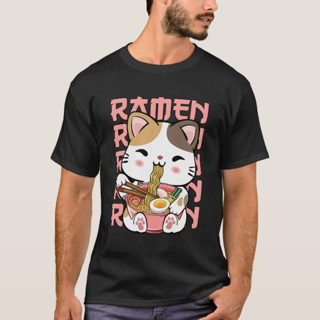 Kawaii Cat Eating Ramen Noodles Kawaii Anime Cat R T-Shirt (Front)