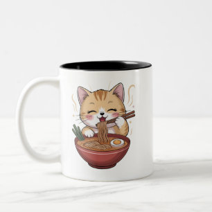 Kawaii Cat Eating Ramen Two-Tone Coffee Mug