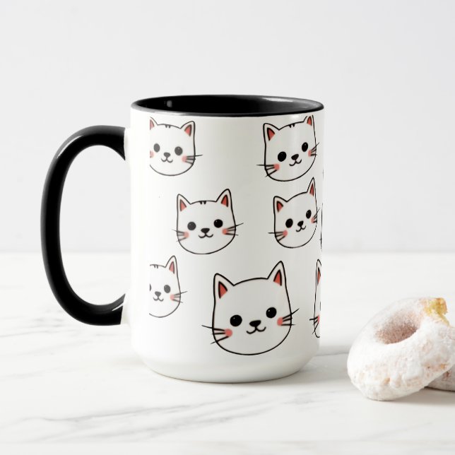 Kawaii Cat Faces – Cute Minimalist Cartoon Pattern Mug (With Donut)