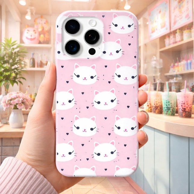 Kawaii Cat Faces with Hearts – Cute Pink Pattern Case-Mate iPhone Case (Creator Uploaded)