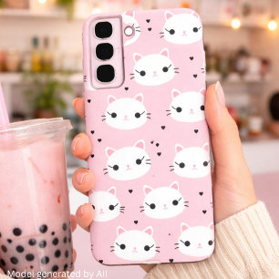 Kawaii Cat Faces with Hearts – Cute Pink Pattern Samsung Galaxy Case