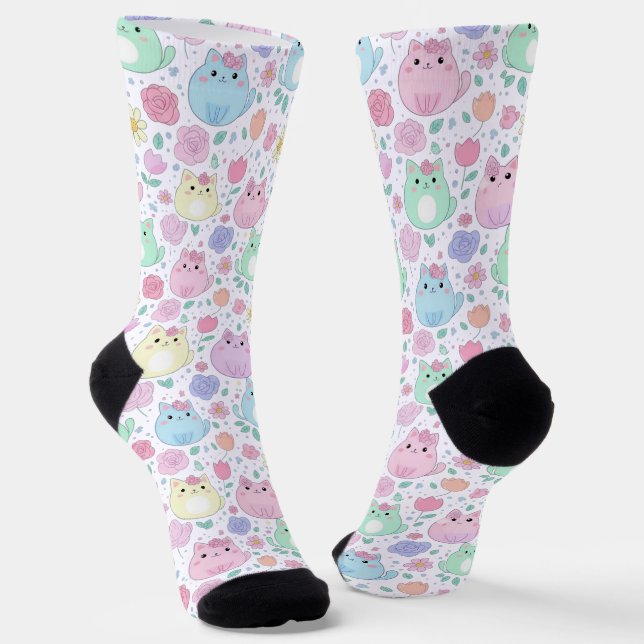 Kawaii Cat & Floral Pattern Pastel Socks (Angled)