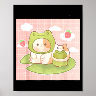 Kawaii Cat Frog Strawberry Retro 90s Cottagecore Poster