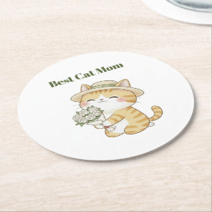 Kawaii Cat Gardener Rose Bouquet Paper Coaster