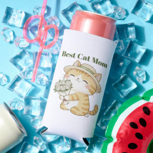 Kawaii Cat Gardener Summer Rose Bouquet Bottle Coo Seltzer Can Cooler