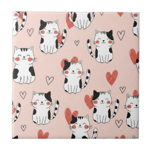 Kawaii Cat & Hearts Valentine Pattern (11) Ceramic Tile