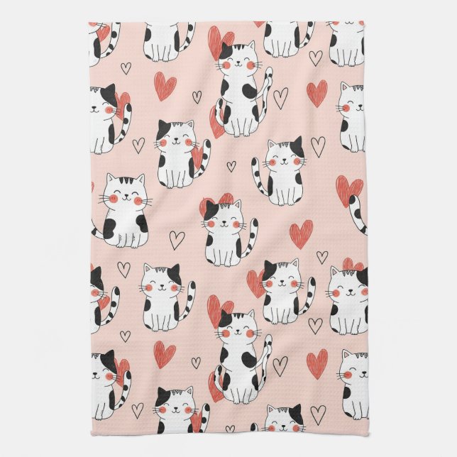 Kawaii Cat & Hearts Valentine Pattern (11) Tea Towel (Vertical)