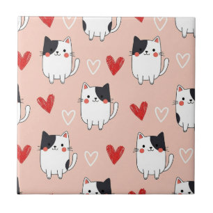 Kawaii Cat & Hearts Valentine Pattern (1) Ceramic Tile