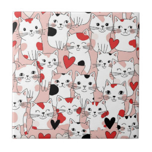 Kawaii Cat & Hearts Valentine Pattern (3) Ceramic Tile