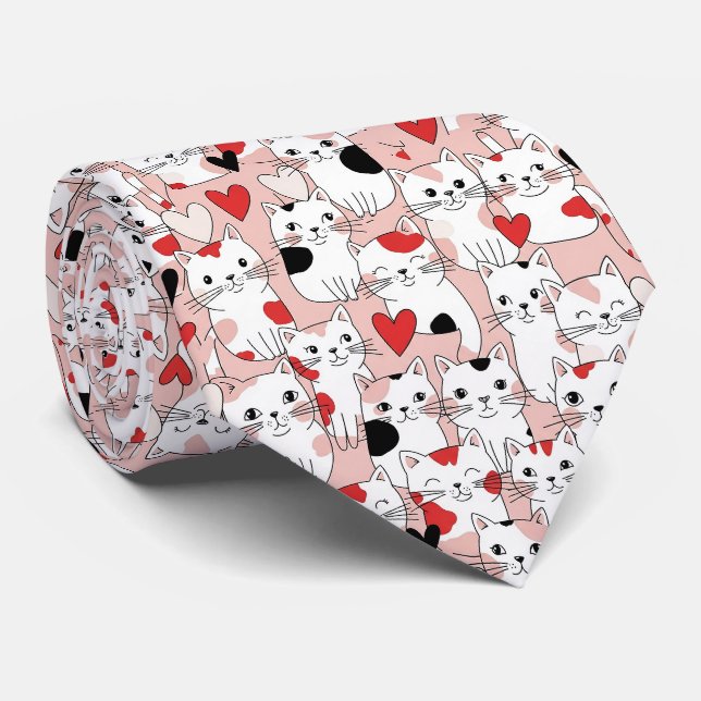 Kawaii Cat & Hearts Valentine Pattern (3) Tie (Rolled)