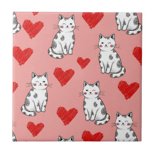 Kawaii Cat & Hearts Valentine Pattern (5) Ceramic Tile