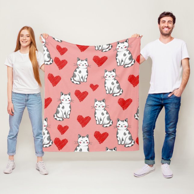 Kawaii Cat & Hearts Valentine Pattern (5) Fleece Blanket (In Situ)