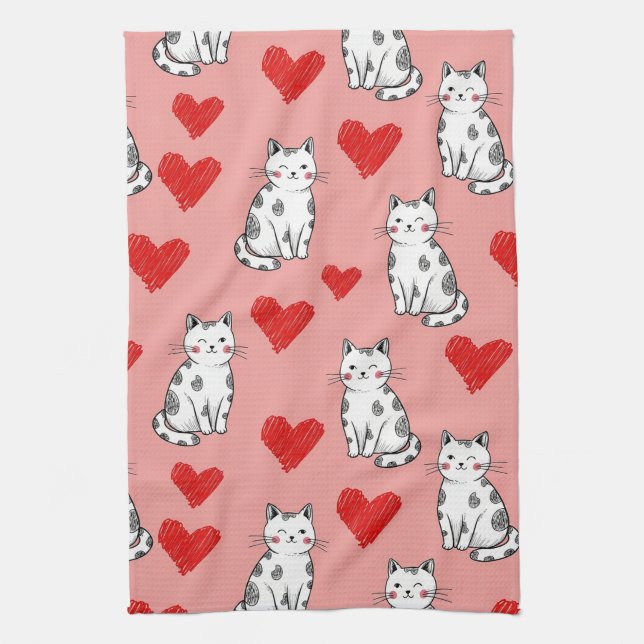 Kawaii Cat & Hearts Valentine Pattern (5) Tea Towel (Vertical)