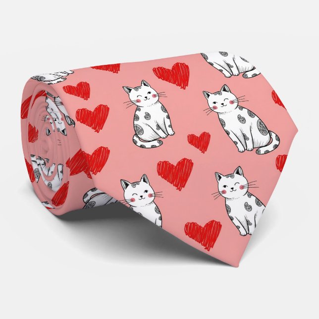 Kawaii Cat & Hearts Valentine Pattern (5) Tie (Rolled)