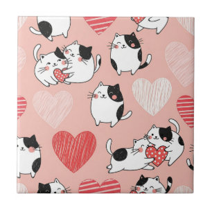 Kawaii Cat & Hearts Valentine Pattern (6) Ceramic Tile