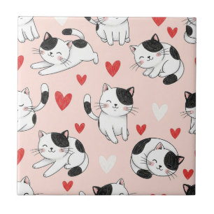 Kawaii Cat & Hearts Valentine Pattern (7) Ceramic Tile