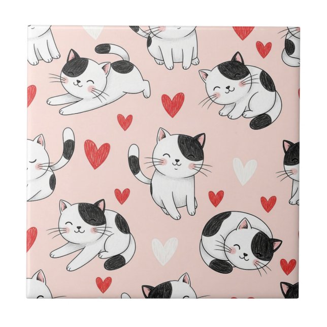 Kawaii Cat & Hearts Valentine Pattern (7) Ceramic Tile (Front)