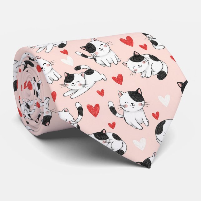 Kawaii Cat & Hearts Valentine Pattern (7) Tie (Rolled)