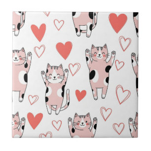 Kawaii Cat & Hearts Valentine Pattern (8) Ceramic Tile