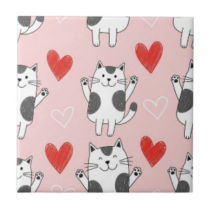 Kawaii Cat & Hearts Valentine Pattern (9) Ceramic Tile