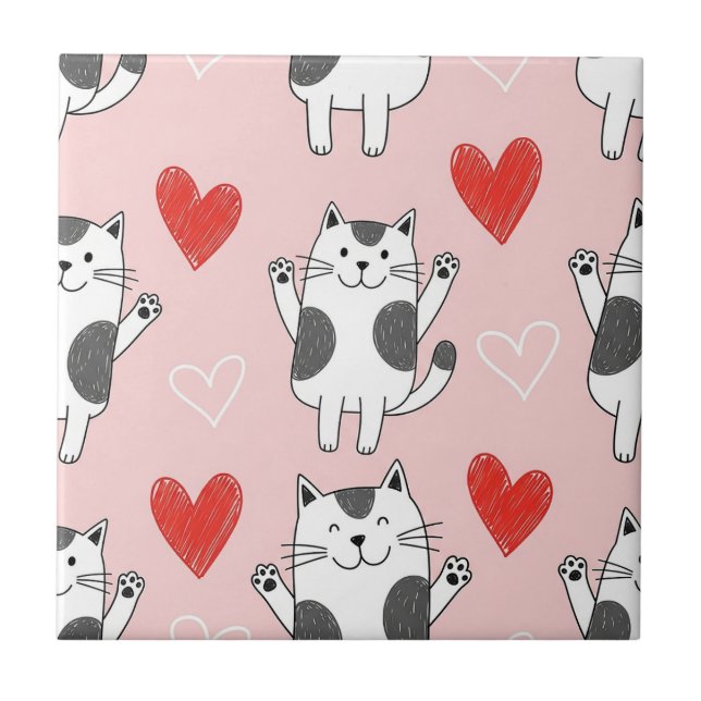 Kawaii Cat & Hearts Valentine Pattern (9) Ceramic Tile (Front)