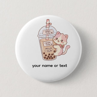 Kawaii Cat Hugging Bubble Milk Tea | Cute Boba Tea 6 Cm Round Badge
