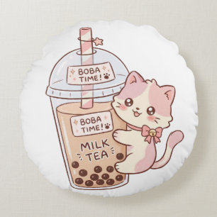 Kawaii Cat Hugging Bubble Milk Tea Cute Boba Tea Round Cushion