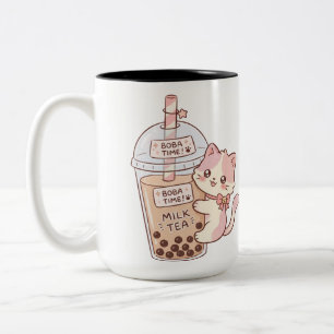 Kawaii Cat Hugging Bubble Milk Tea Cute Boba Tea Two-Tone Coffee Mug