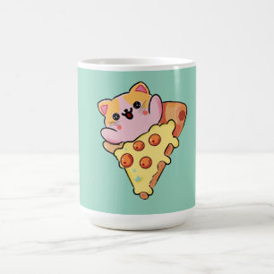 Kawaii Cat Hugging Pepperoni Pizza Cartoon Coffee Mug
