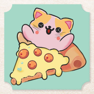 Kawaii Cat Hugging Pepperoni Pizza Cartoon Paper Coaster
