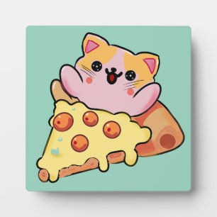 Kawaii Cat Hugging Pepperoni Pizza Cartoon Plaque