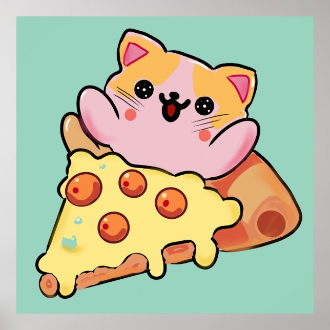 Kawaii Cat Hugging Pepperoni Pizza Cartoon Poster (Front)