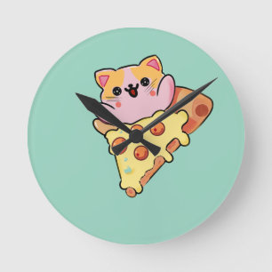 Kawaii Cat Hugging Pepperoni Pizza Cartoon Round Clock