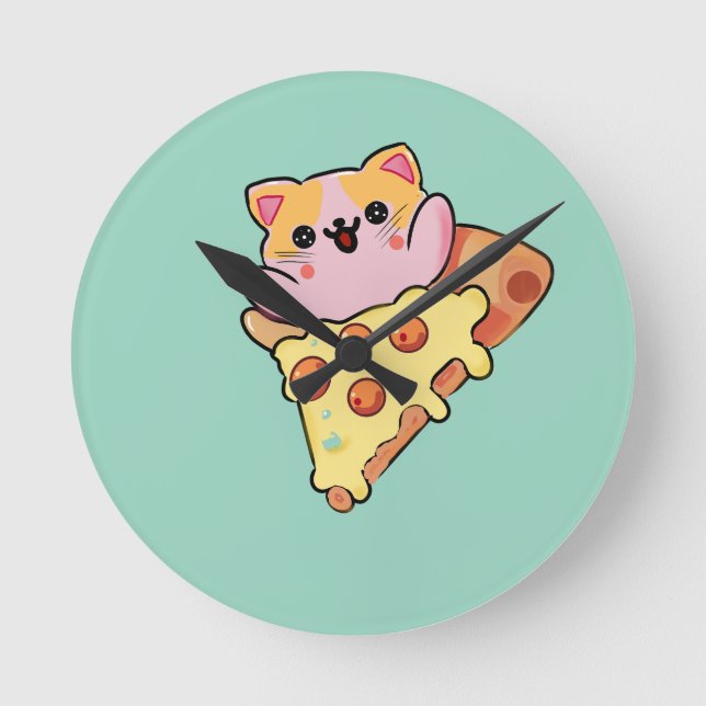 Kawaii Cat Hugging Pepperoni Pizza Cartoon Round Clock (Front)