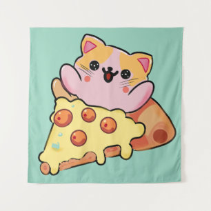 Kawaii Cat Hugging Pepperoni Pizza Cartoon Tapestry