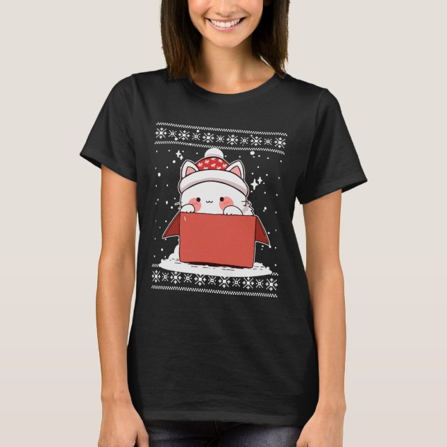 Kawaii Cat In A Box Christmas Cute Anime Teens Kid T-Shirt (Front)