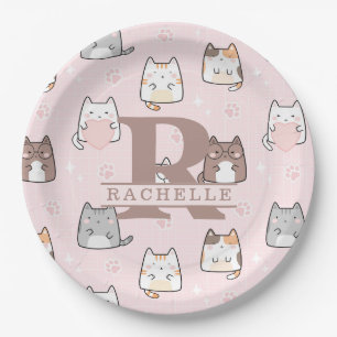Kawaii Cat in a Pink Background Paper Plate