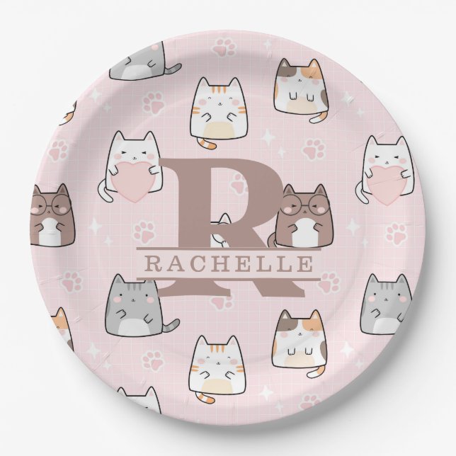 Kawaii Cat in a Pink Background Paper Plate (Front)