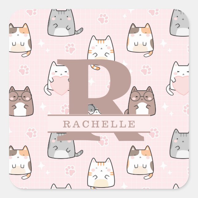 Kawaii Cat in a Pink Background Square Sticker (Front)