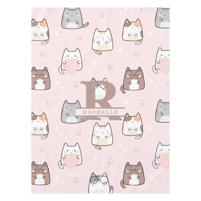 Kawaii Cat in a Pink Background Tablecloth (Front)