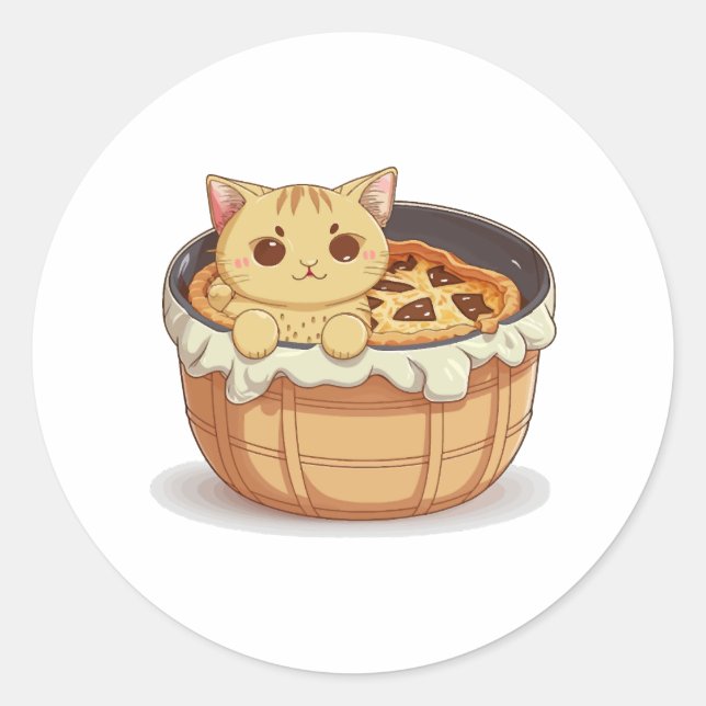 Kawaii Cat in a Pot Pie - Cute and Whimsical Classic Round Sticker (Front)
