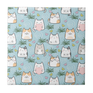 Kawaii Cat in a Sky Blue Background Ceramic Tile