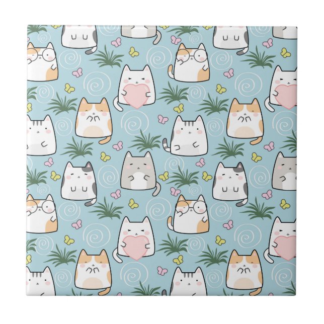 Kawaii Cat in a Sky Blue Background Ceramic Tile (Front)