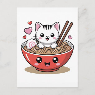 Kawaii cat in ramen bowl with chopsticks and heart holiday postcard