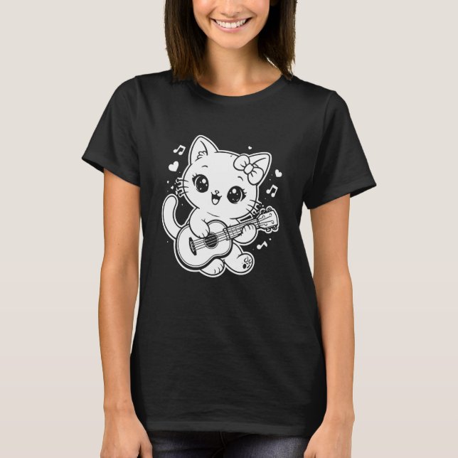 Kawaii Cat Playing Ukulele Long Sleeve T-Shirt (Front)