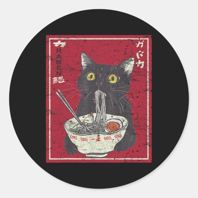 Kawaii Cat Ramen Japanese Food Funny Anime Girls T Classic Round Sticker (Front)