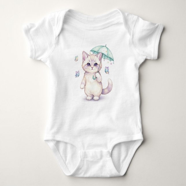  Kawaii Cat Under Umbrella, by Natasha Us   Baby Bodysuit (Front)