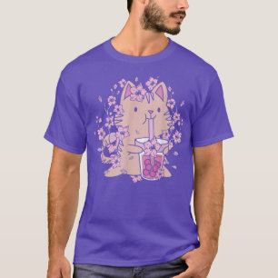 Kawaii Cat with Bubble Tea and Boba tea and Sakura T-Shirt