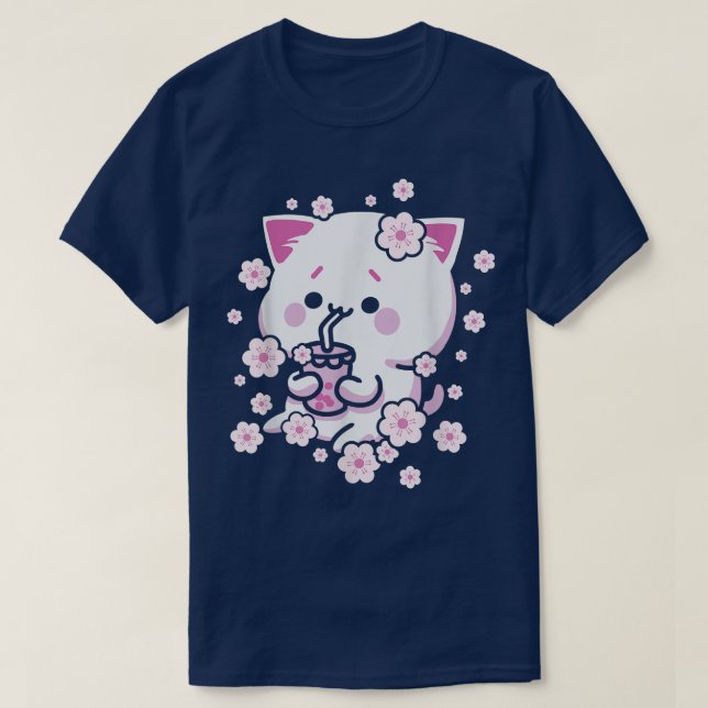 Kawaii Cat with Bubble Tea and Boba tea and Sakura T-Shirt (Design Front)